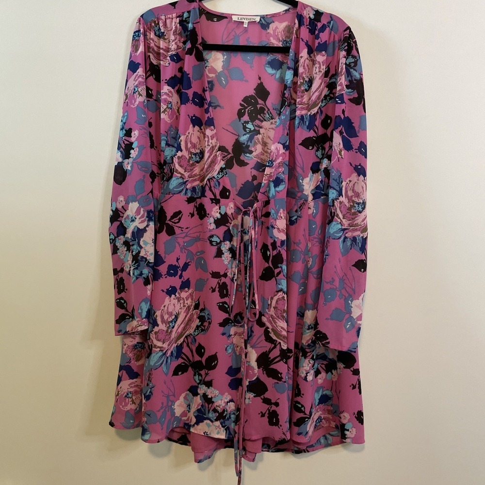 Leyden XL Pink Floral Kimono Top‎ Sheer Open Front Boho Duster Cover Up